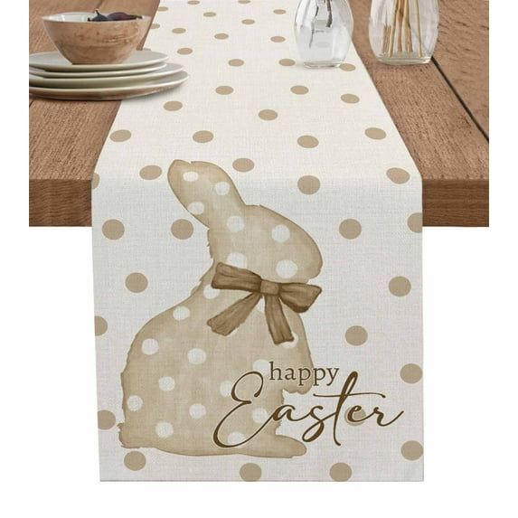 Happy Easter Bunny Burlap Cotton Table Runner 13x48 Inches Long, Polka Dot Rabbit Abstract Art Farmhouse Table Runners, Outdoor Dining Tablecloths Decor for Baby Shower/Party/Wedding