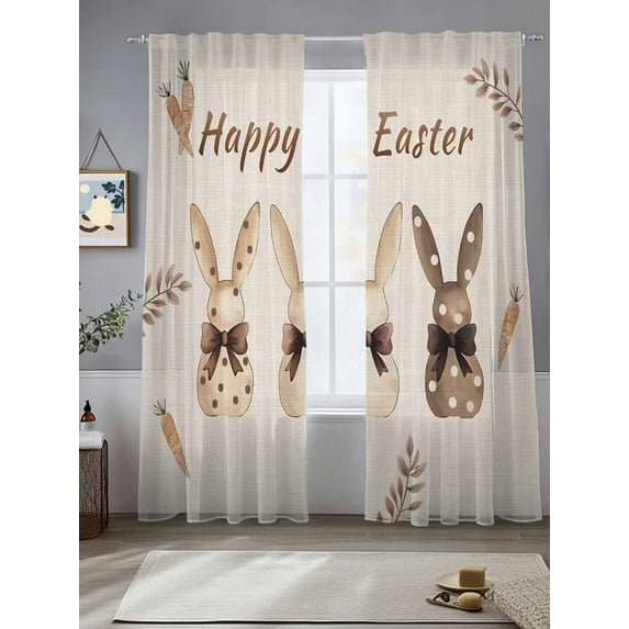 Happy Easter Bunny Carrot Sheer Curtains for Living Room Bedroom Spring Summer Botanical Rustic Sheer Curtains 84 Inch Long 2 Panels Set Light Filtering Curtain Window Treatments Drapes