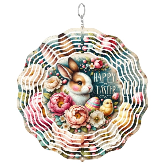 Happy Easter Bunny Chick Floral 3D Wind Spinner, UV Printed Tinplate Hanging Ornament, Spring Door Decor, Easter