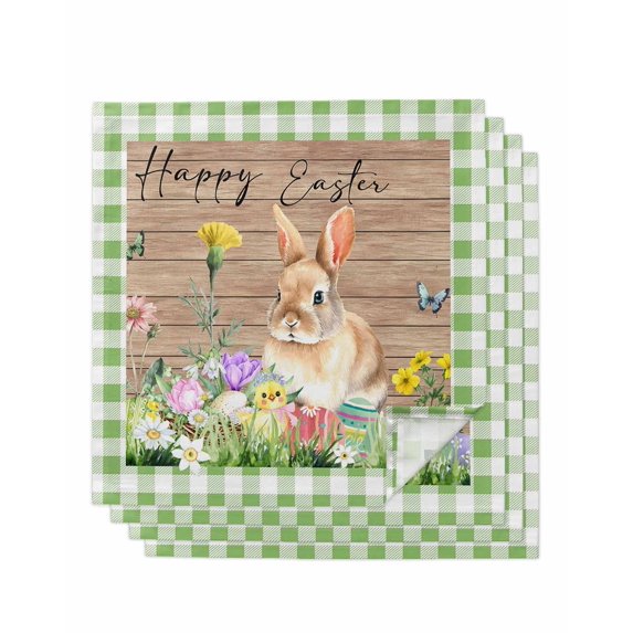 Happy Easter Bunny Cloth Napkins Set of 4 Reusable Dinner Napkins, Spring Floral Wooden Sage Green Plaid Cocktail Napkin Washable Table Napkins for Wedding/Holiday Party/Baby Shower 20"x20"