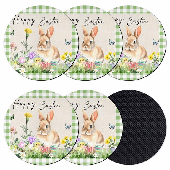 Happy Easter Bunny Coasters Set of 6, Absorbent Coasters for Drinks, Spring Floral Burlap Sage Green Plaid Coaster for Desk Coffee Table Protection, Home Decor House Warming Gifts 4"