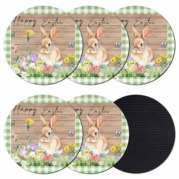 Happy Easter Bunny Coasters Set of 6, Absorbent Coasters for Drinks, Spring Floral Wooden Sage Green Plaid Coaster for Desk Coffee Table Protection, Home Decor House Warming Gifts 4"