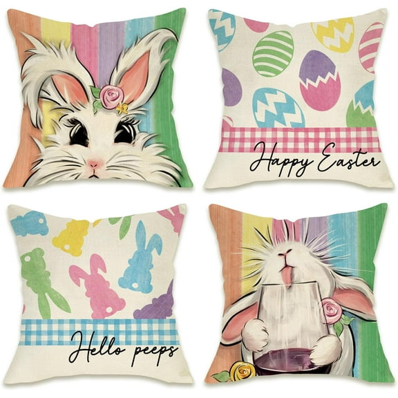 Happy Easter Bunny Decorative Throw Pillow Covers 18 x 18 Set of 4, Hello Peeps Rabbit Eggs Porch Patio Outdoor Pillowcase, Colorful Stripes Plaid Farmhouse Cushion Case Home Decor