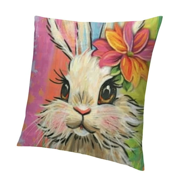 Happy Easter Bunny Decorative Throw Pillow Covers, Hello Peeps Rabbit Eggs Porch Patio Outdoor Pillowcase, Colorful Stripes Plaid Farmhouse Cushion Case Home Decor