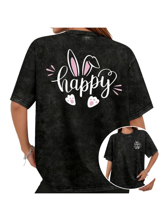 Happy Easter Bunny Ears Paws Graphic Tee T Shirt Spring Holiday Cute Novelty Tops Short Sleeve Black S-2XL Plus Size