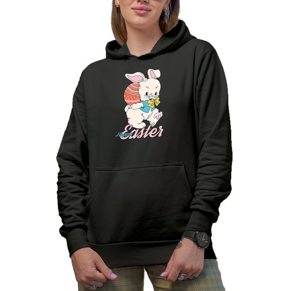 Happy Easter, Bunny & Egg Art, Black Hooded Sweatshirt or Hoodie, Medium