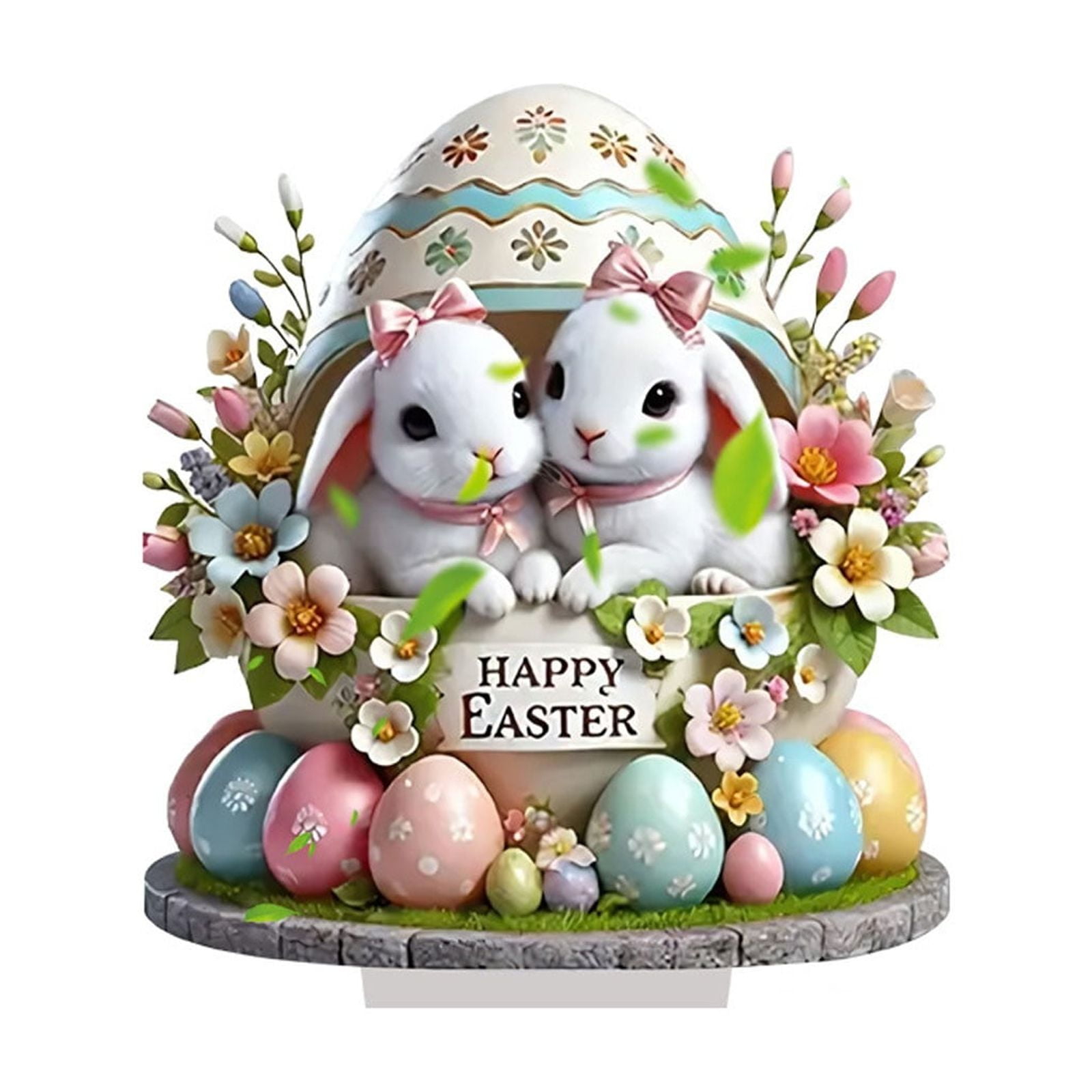 Happy Easter Bunny Egg Decor,2D Flat Desktop Ornament,Indoor Home Decor Farmhouse Country Style Flowers Bunny Decoration