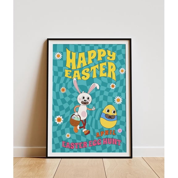 Happy Easter Bunny Egg Hunt Retro Cartoon Wall Decor 12x18 UNFRAMED