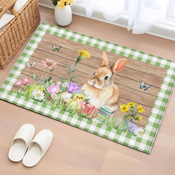 Happy Easter Bunny Entryway Rug 2'x3' Non Slip Front Door Mats, Spring Floral Wooden Sage Green Plaid Entrance Rugs Indoor Outdoor Carpet, Washable Floor Mats Small Area Rug for Bedroom Kitchen