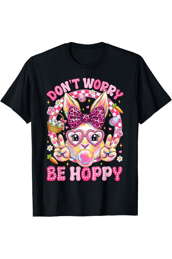 Happy Easter Bunny Face Don't Worry Be Hoppy Rabbit Girl Kid T-Shirt- Classic Cotton Crew Neck T-Shirt 2026 Trendy Easter Bunny Egg Graphic Tee Heavyweight Casual Top for Adults