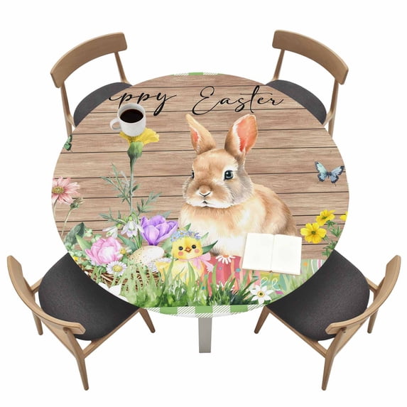 Happy Easter Bunny Fitted Tablecloth with Elastic Edged, Round Table Cloth for Dining Table, Spring Floral Wooden Sage Green Plaid Waterproof Oil Proof Table Cover for Indoor Outdoor 36"-44"