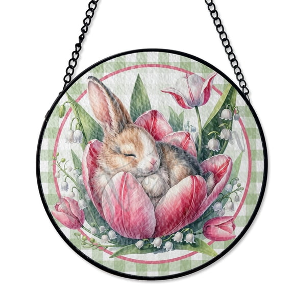 Happy Easter Bunny Floral Art Suncatcher Stained Glass Style, UV Printed Glass, Spring Rabbit Wreath Design, Round