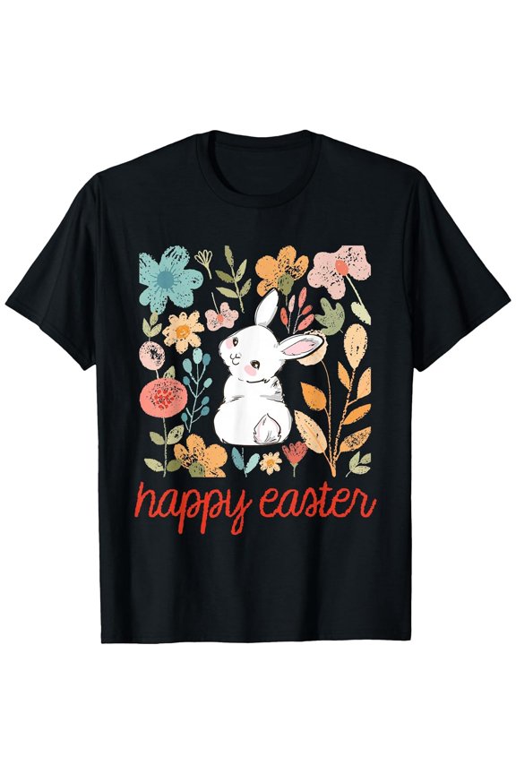 Happy Easter Bunny Floral Flower Vintage Rabbit Girls T-Shirt, T-Shirt for Kids Youth, 180gsm, 100% Cotton