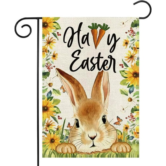 Happy Easter Bunny Garden Flag 12.5 x 18 Inch Spring Floral Decorative Double Sided Burlap Flag for Spring Easter Farmhouse Yard Decoration