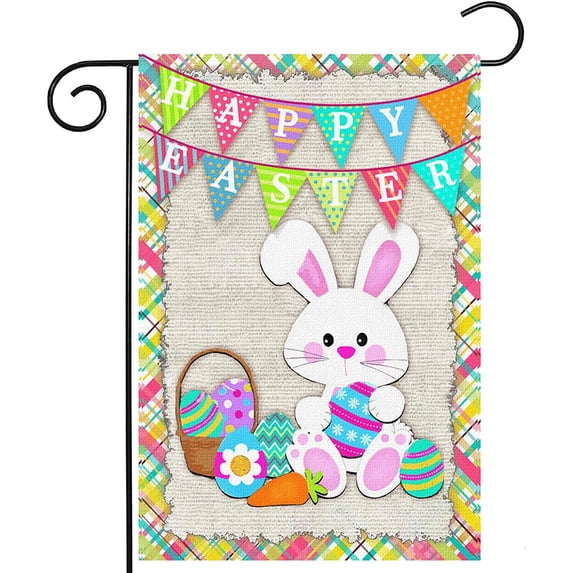Happy Easter Bunny Garden Flag 12x18 Inch Double Sided Outside Burlap Easter Rabbit Eggs Outdoor Small Yard Flags Porch Home Holiday Decoration