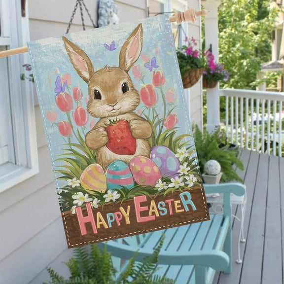 Happy Easter Bunny Garden Flag 28 x 40 Inch Easter Eggs with Floral Decorative Double Sided Burlap Flag for Spring Easter Outdoor Decoration