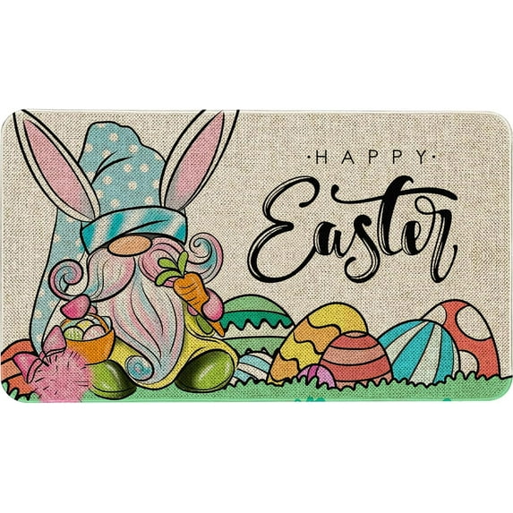 Happy Easter Bunny Gnome Decorative Front Door Mat, Rabbit Eggs Pink Doormat Indoor Outdoor Non-Slip Floor Entryway Rug, Tulip Flower Home Kitchen Decoration 17x29 Inch