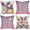 thumbnail image 1 of Happy Easter Bunny Gnome Decorative Throw Pillow Covers 18 x 18 Set of 4, Hello Peeps Rabbit Eggs Purple Cushion Case Decor, Flowers Home Decoration for Sofa Couch, 1 of 6