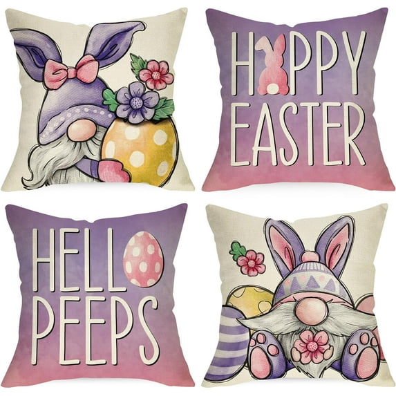 Happy Easter Bunny Gnome Decorative Throw Pillow Covers 18 x 18 Set of 4, Hello Peeps Rabbit Eggs Purple Cushion Case Decor, Flowers Home Decoration for Sofa Couch