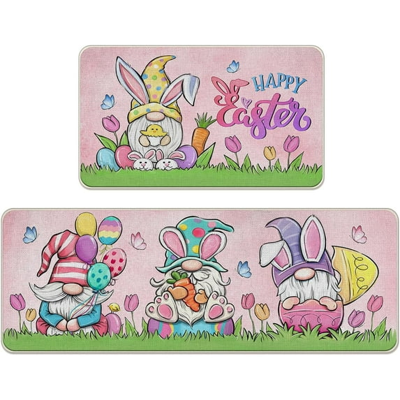 Happy Easter Bunny Gnome Kitchen Rugs Set of 2, Rabbit Chick Eggs Balloon Carrot Pink Kitchen Mats Decor, Tulip Flower Butterfly Floor Door Mat Home Decorations -17x29 and 17x47 Inch
