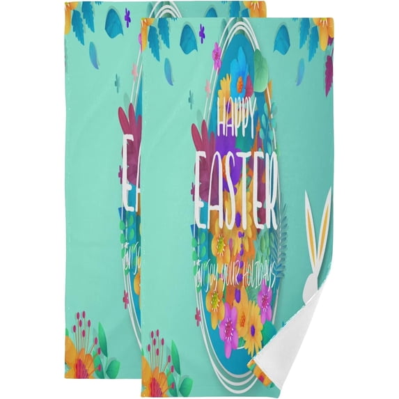 Happy Easter Bunny Hand Towels 2 PCS, Spring Flowers Colorful Kitchen Towel Ultra Soft and Highly Absorbent,Decorative Fingertip Face Towel for Bathroom Hotel, 28.3"x14.4"