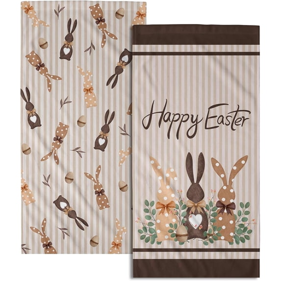 Happy Easter Bunny Hand Towels for Bathroom 2 Packs 18"x26" Polka Dot Rabbits Eggs Green Eucalyptus Decorative Kitchen Towel Brown Stripe Super Soft Drying Finger Towel for Home Hotel Gym