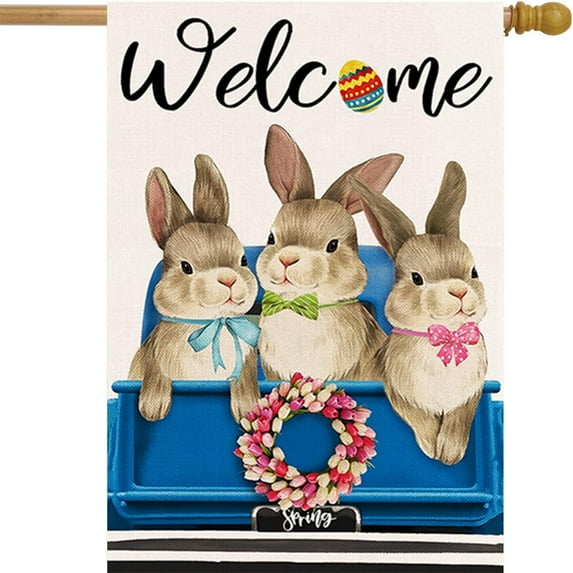 Happy Easter Bunny House Flag 28 x 40 Inch Welcome Spring Decorative Double Sided Burlap Flag for Spring Easter Farmhouse Yard Decoration