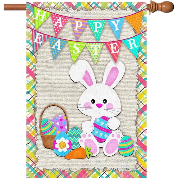 Happy Easter Bunny House Flag 28x40 Inch Double Sided Outside Burlap Easter Rabbit Eggs Outdoor Large Yard Flags Porch Home Holiday Decoration