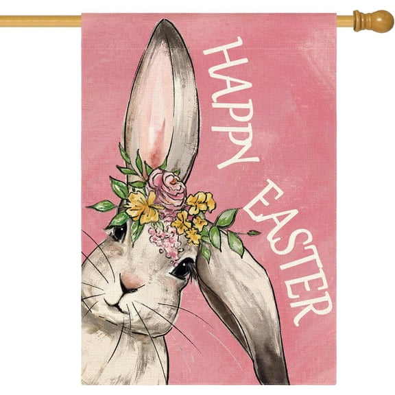 Happy Easter Bunny House Flag 28x40 Inch Double Sided Outside, Rabbit Flower Yard Outdoor Decoration Pink