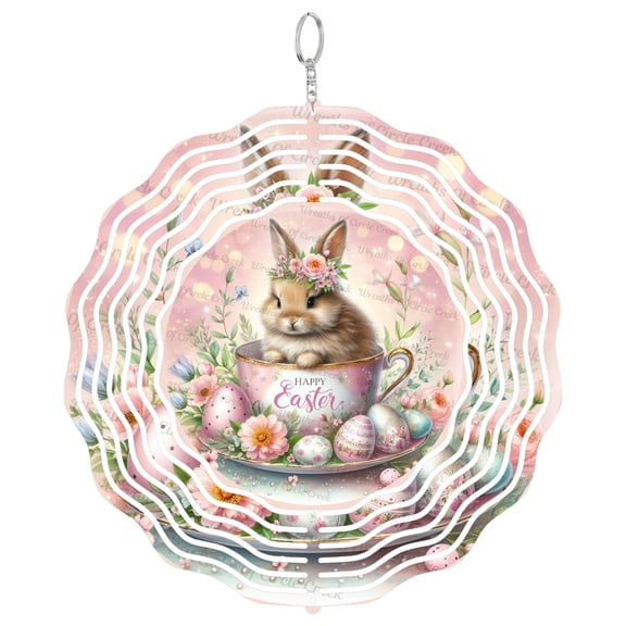 Happy Easter Bunny In Teacup Light Pink 3D Wind Spinner, UV Printed Tinplate Hanging Ornament, Cute Nursery Gift