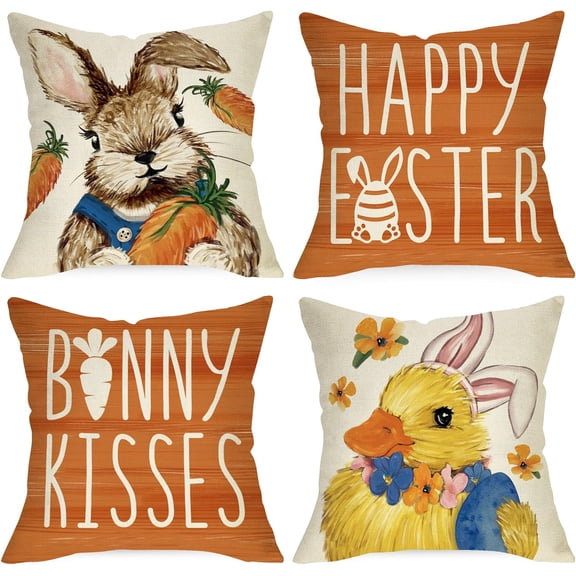 Happy Easter Bunny Kisses Decorative Throw Pillow Covers 18 x 18 Set of 4, Cute Duck Rabbit Ears Carrot Orange Cushion Case Decor, Eggs Flower Farmhouse Decoration for Sofa Couch