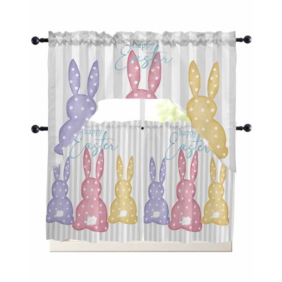 Happy Easter Bunny Kitchen Curtains Sets 24 Inch Length with Valance, Farmhouse Stripes Polka Dot Rabbits Swag Valances and Tiers Curtain Set Drapes Swag Curtains for Living Room, Bathroom, Bedroom