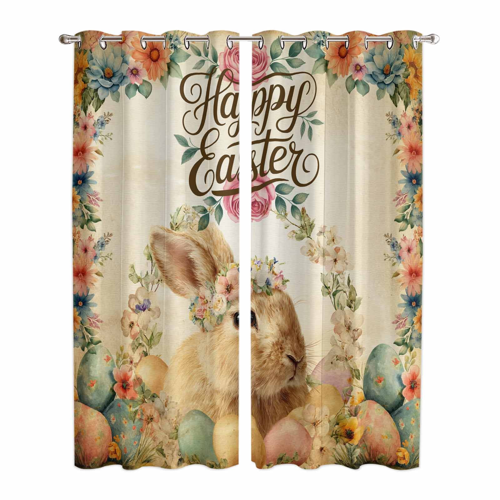 Hapy Rommet Happy Easter Bunny Kitchen Curtains Window Panels, Eggs Spring Flowers ...