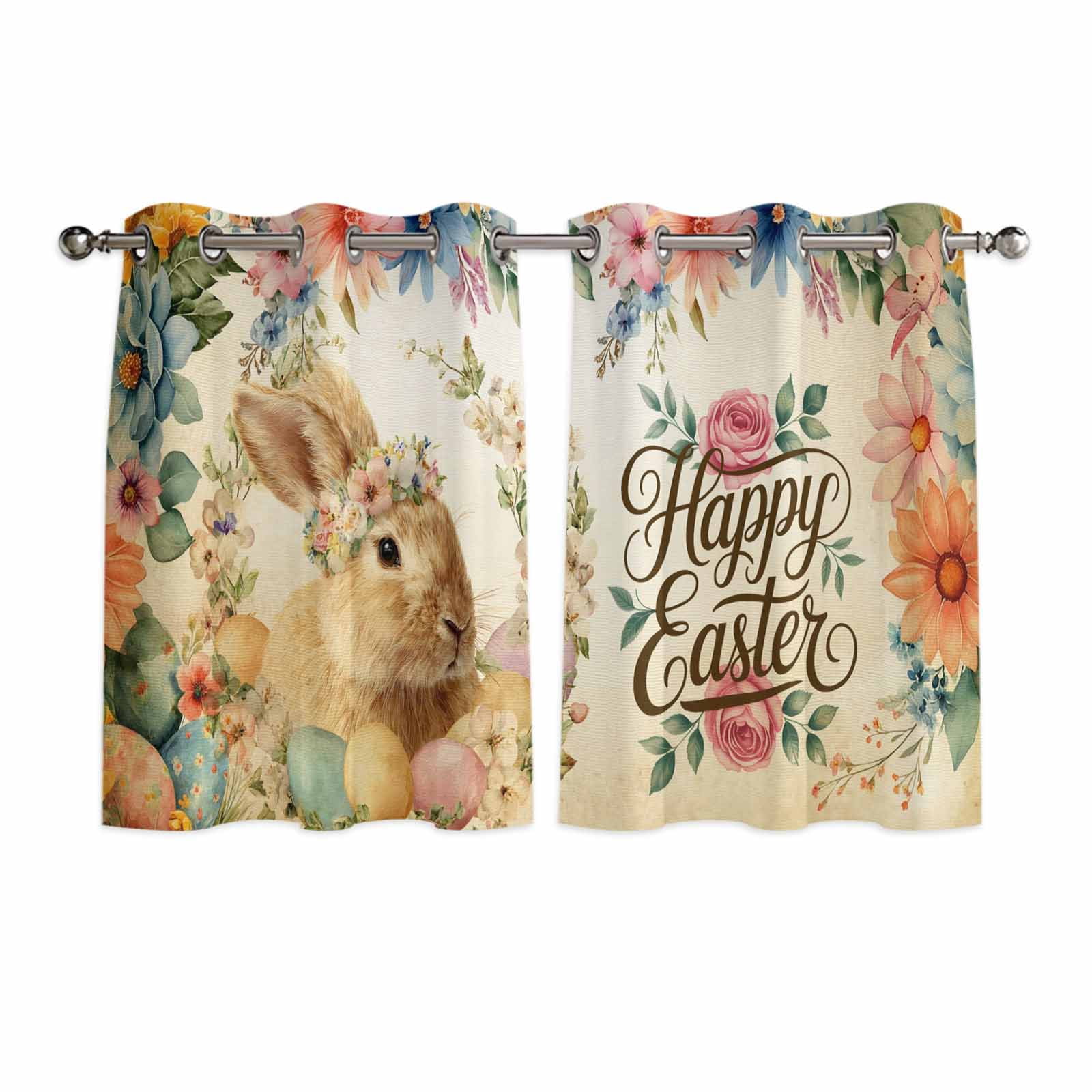 Hapy Rommet Happy Easter Bunny Kitchen Curtains Window Panels, Eggs Spring Flowers ...