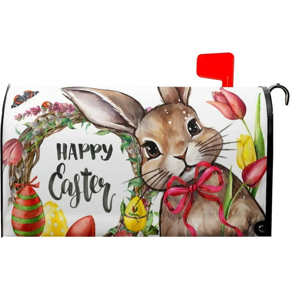 Happy Easter Bunny Magnetic Mailbox Covers Cute Rabbit with Egg Flower Wreath Decorative Mailboxes Wraps Post Letter Box Cover Standard Size 21x18 in Spring Holiday Decor for Home Outdoor Garden Yard