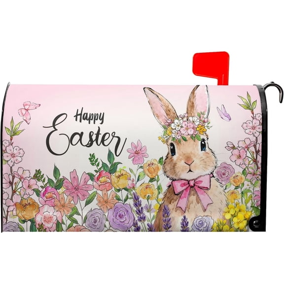 Happy Easter Bunny Magnetic Mailbox Covers Standard Size 18x21in Spring Easter Flower Decorative Mailboxes Wraps Post Cute Rabbit Flower and Butterfly Letter Box Cover for Home Garden Yard Outside