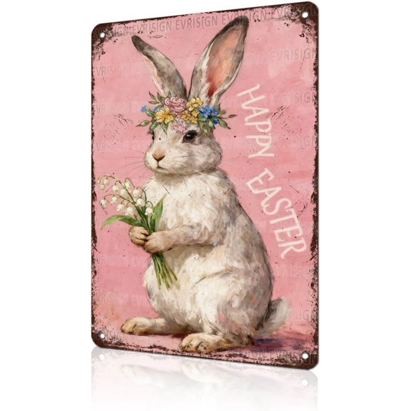 Happy Easter Bunny Metal Sign Pink Background Design Rustic Farmhouse Wall Art For Home Kitchen Garden Spring Decor 8x12Inch
