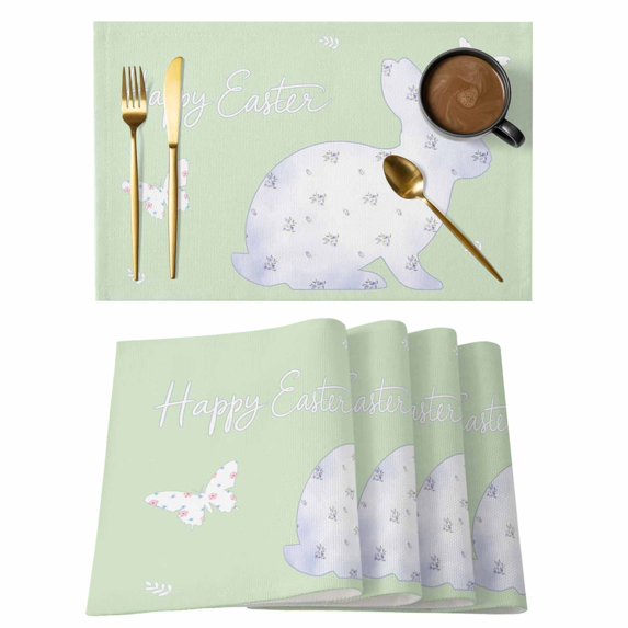 Happy Easter Bunny Placemats Set of 12, Rabbit Butterfly Spring Flowers Green Placemats for Dining Table, Place Mats for Kitchen Tabletop, Waterproof Wipeable Dining Table Mats Set