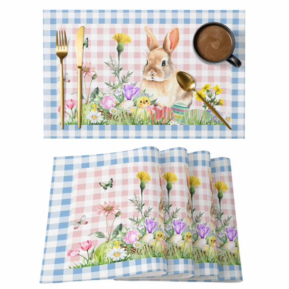 Happy Easter Bunny Placemats Set of 12, Spring Floral Pink Blue Plaid Placemats for Dining Table, Place Mats for Kitchen Tabletop, Waterproof Wipeable Dining Table Mats Set