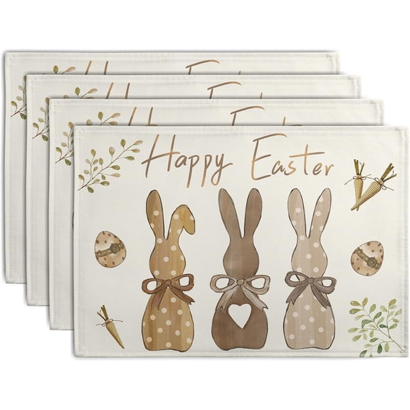Happy Easter Bunny Placemats Set of 4 Easter Rabbit Egg Carrots Linen Fabric Table Mats Spring Seasonal Rustic Holiday Washable Place Mats for Party Kitchen Dining Indoor Decor 12x18 Inch