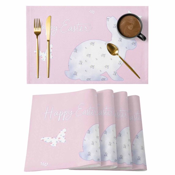 Happy Easter Bunny Placemats Set of 4, Rabbit Butterfly Spring Flowers Pink Placemats for Dining Table, Place Mats for Kitchen Tabletop, Waterproof Wipeable Dining Table Mats Set