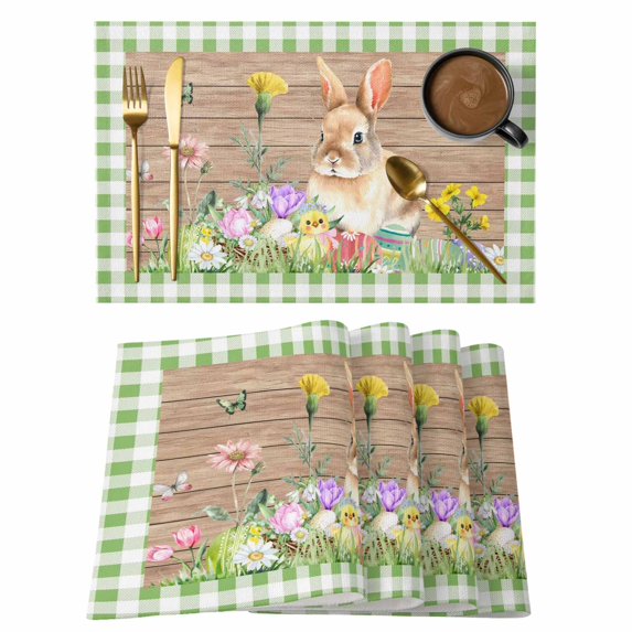 Happy Easter Bunny Placemats Set of 4, Spring Floral Wooden Sage Green Plaid Placemats for Dining Table, Place Mats for Kitchen Tabletop, Waterproof Wipeable Dining Table Mats Set
