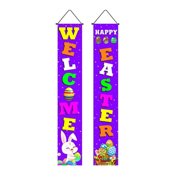 Happy Easter Bunny Porch Banner Sign 2 Pieces, Cute Bunny and Eggs Door Banner for Spring Porch Wall Front Door Decor, Outside Yard Garden Party Supplies 70.87x11. Inch