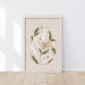 Happy Easter Bunny Poster, Spring Holiday, Cute Rabbit Illustration, Floral Boho Farmhouse Seasonal, Seasonal Living Room And Home Decor