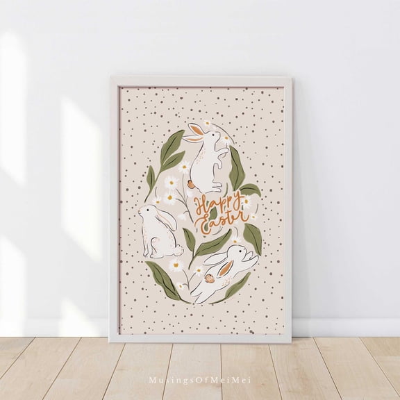 Happy Easter Bunny Poster, Spring Holiday, Cute Rabbit Illustration, Floral Boho Farmhouse Seasonal, Seasonal Living Room And Home Decor