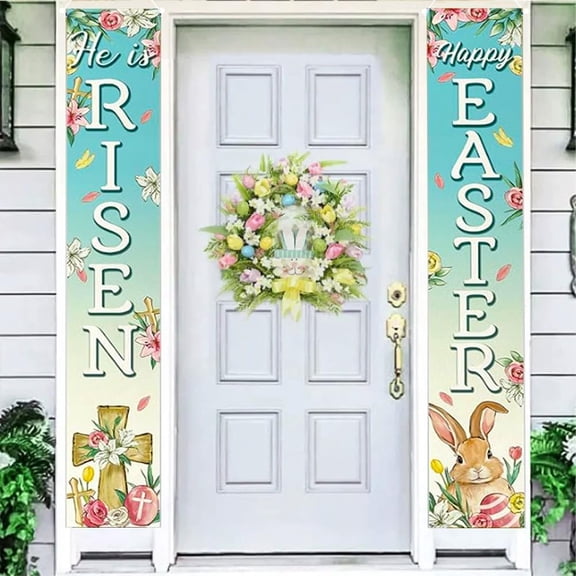 Happy Easter Bunny Rabbit Christian Porch Banner Sign, Hanging Blue Front Door Welcome Banner Flag Religious Cross He is Risen Sign Easter Decor for Home Office Farmhouse Holiday Decor