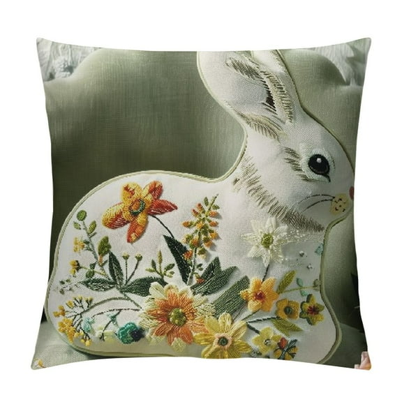 Happy Easter Bunny Shaped Throw Pillow, Embroidered Floral Patterns Cushion Soft Velvet Easter Rabbit Decorative Pillow for Couch Living Room Bed, Green