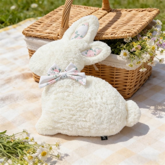 Happy Easter Bunny Shaped Throw Pillow, Plush Boucle Jumping Rabbit Cushion Sherpa Easter Decorative Pillow for Couch Living Room Bed