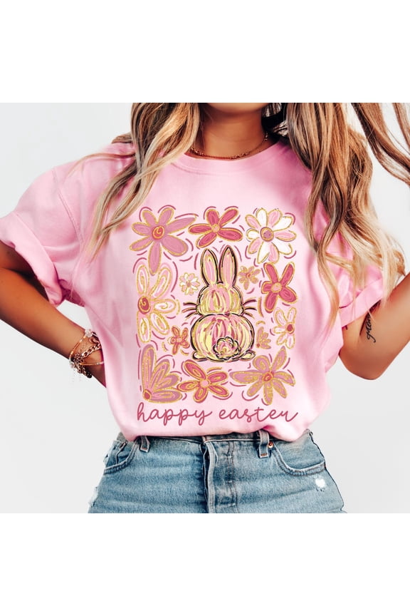 Happy Easter Bunny Shirt, Boho Easter Shirt, Glitter Easter Coquette Shirt, Girls Pink Tee