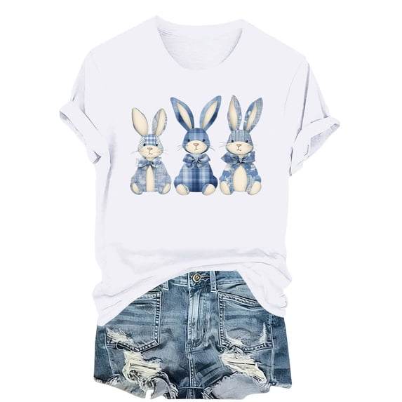 Happy Easter Bunny Shirt for Women - Cute Rabbit Print Short Sleeve Tunic Tops Spring Holiday Casual Tee Cute Bunny Blouse